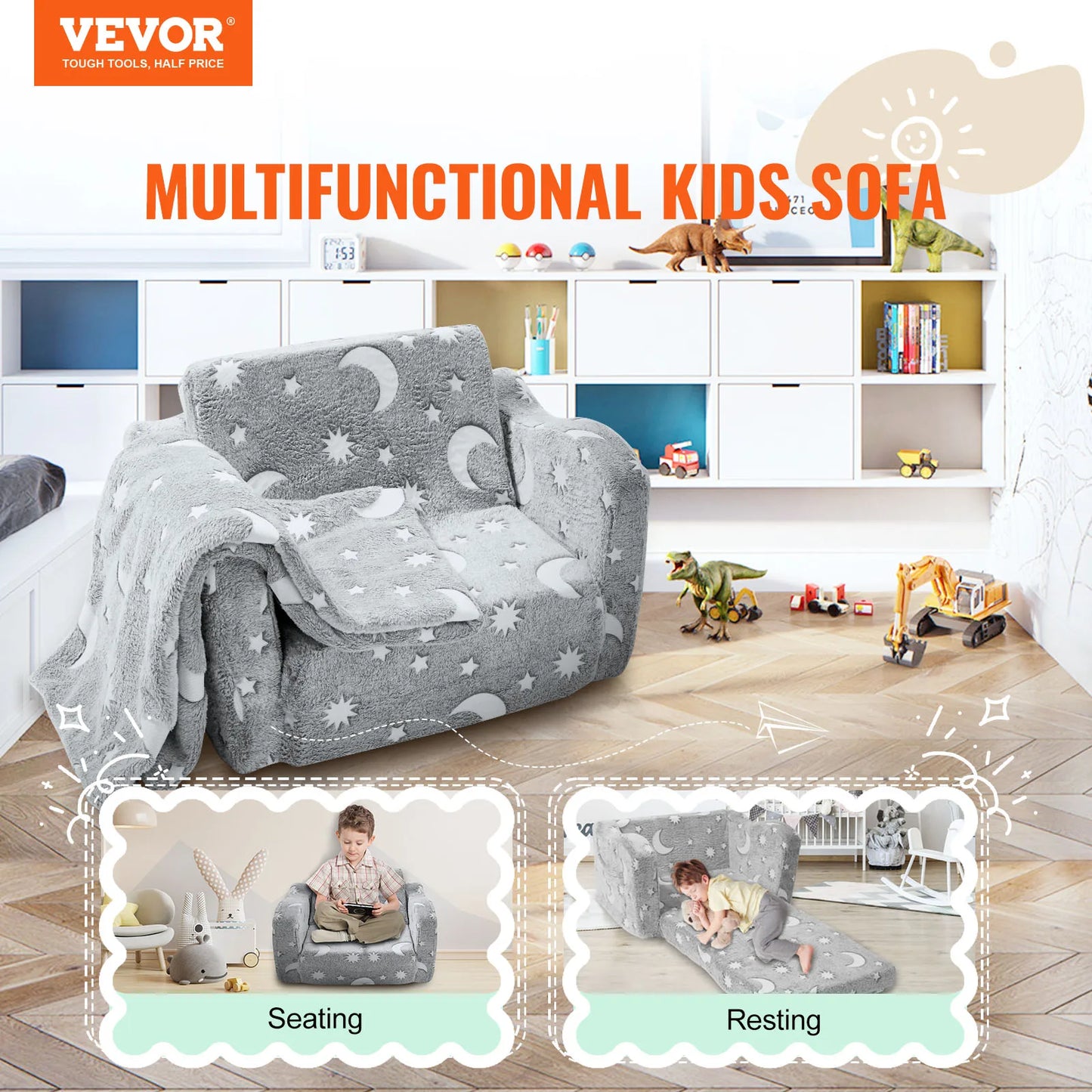 Kids Polyester Fold-Out Cartoon Stars-Moon Pattern Soft Comfortable Fleece Fabric Foam One-Seat Armchair Sofas/Colors-White/Gray