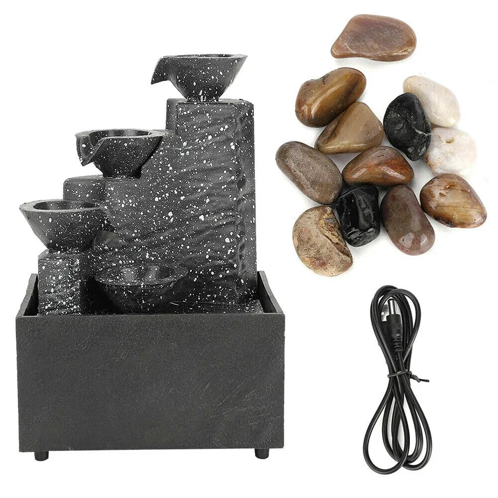 Black Indoor Plastic LED Lights 4-Tiers Stone Bowls Flowing Water Tabletop Fountain/USB Cable-2-AA Batteries Option