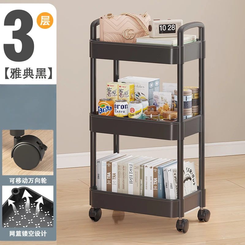 3-5 Tiers Plastic Kitchen Shelves Storage Caddies/4 Wheels/Colors-White/Black