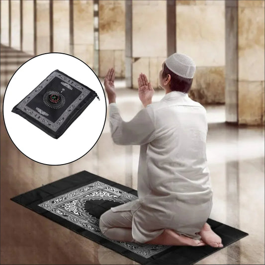 Black Background White Geometric Pattern Design Polyester Traveling Anti-Slip Bottom Fade Resistant Waterproof Nylon Iron Weighted Corners Braided Printed Prayer 1 X Rugs  /Size: 60cm x 100cm/ Nylon Pouch Included-Compass