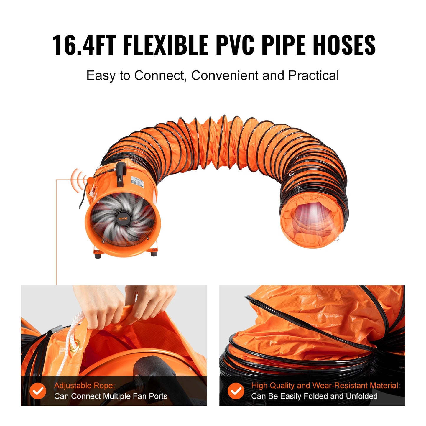 VEVOR Portable Two Gear Speed Round Orange Metal Industrial Cylinder Shaped AC-Powered Motor Exhaust Ventilation Fans/16.4 Feet Flexible Orange-Black PVC Duct Pipe Hoses Included/Power Cord 5.9 Feet Included