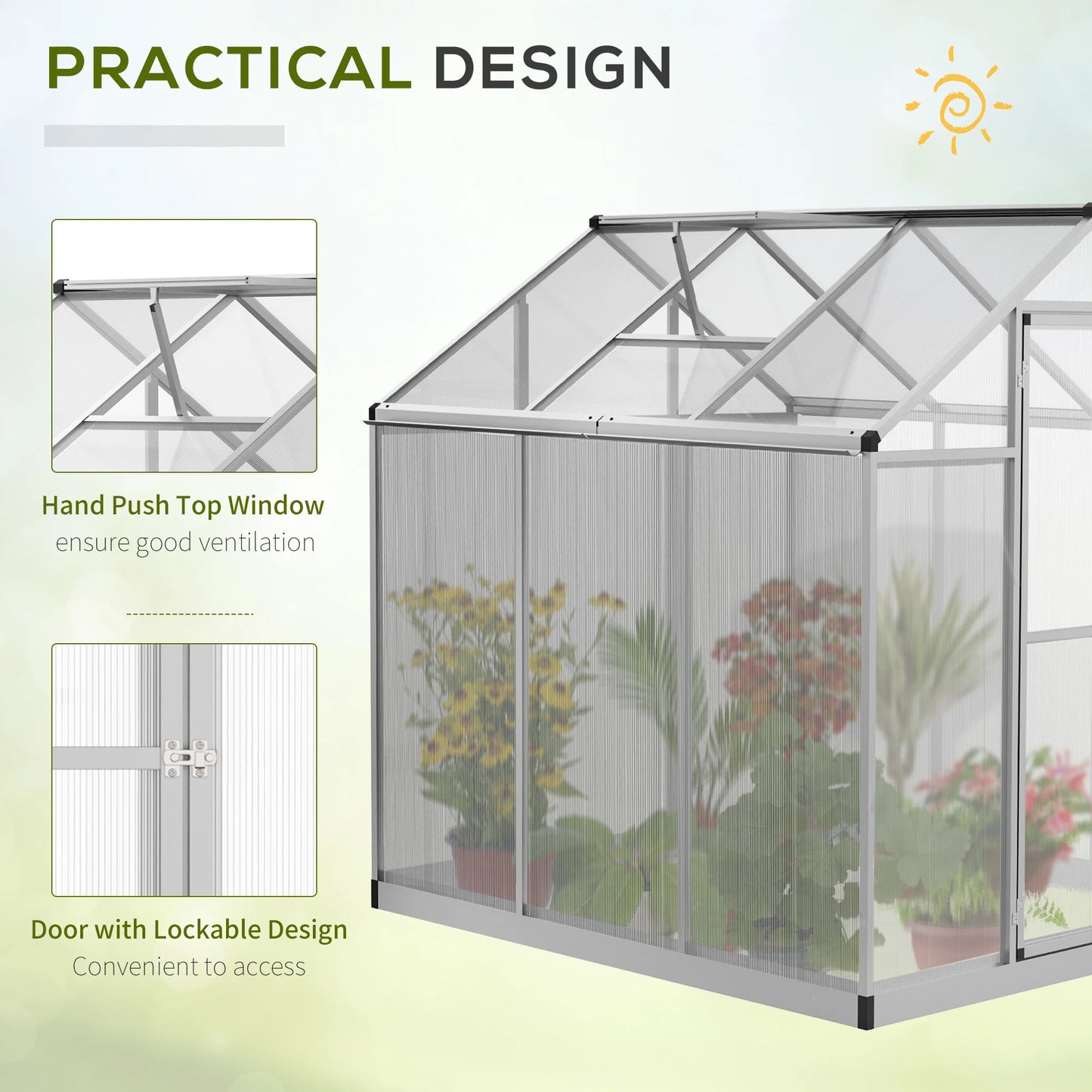 OUTSUNNY Outdoor Waterproof Heavy-Duty Walk-In-Cold Silver Aluminum Metal Frame Clear Transparent Polycarbonate Plastic Sheets Garden Greenhouses/ Dimensions 6' L X 6' W