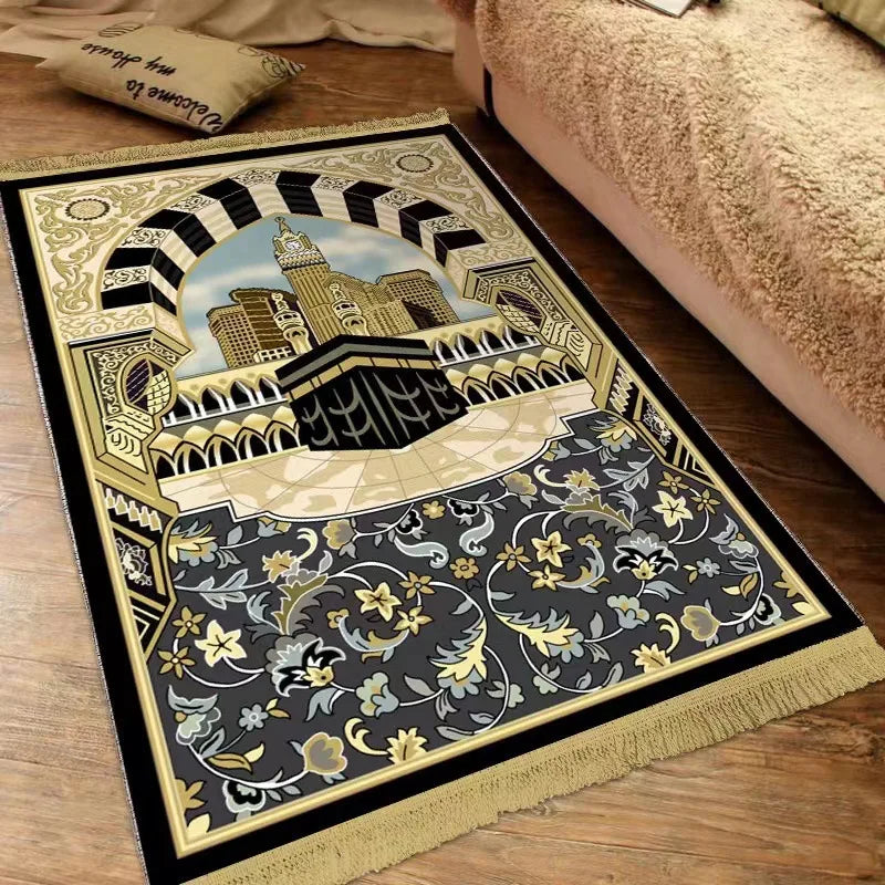 No-EN-Name-Null Adults Machine-Made Customized Waterproof Rectangle Black-Pink Fade-Resistant Thick Suede Islamic Muslim Anti-Slip Base Religious Alters Prayer Rugs/Colors-Black/Pink