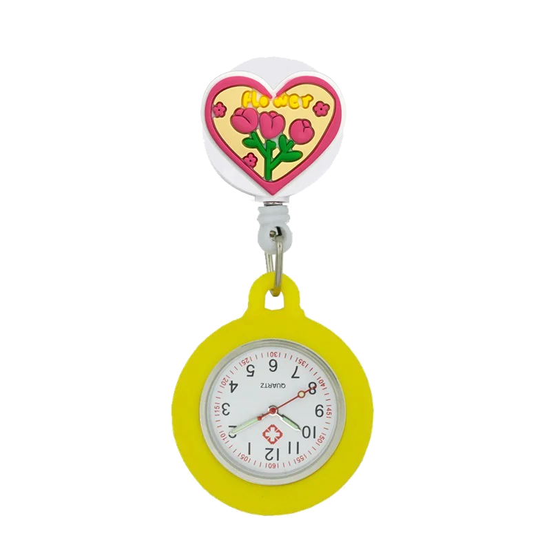 YIJIA Adults Universal Waterproof Metal Quartz Glass Face Analog Display Arabic Numeral Cartoon Cute Heart Nurse-Doctor Clip-On Hanging Lapel Silicone Cover Fob Pocket Watch/Colors-Light Blue/Yellow/Light Pink/White/Neon Pink