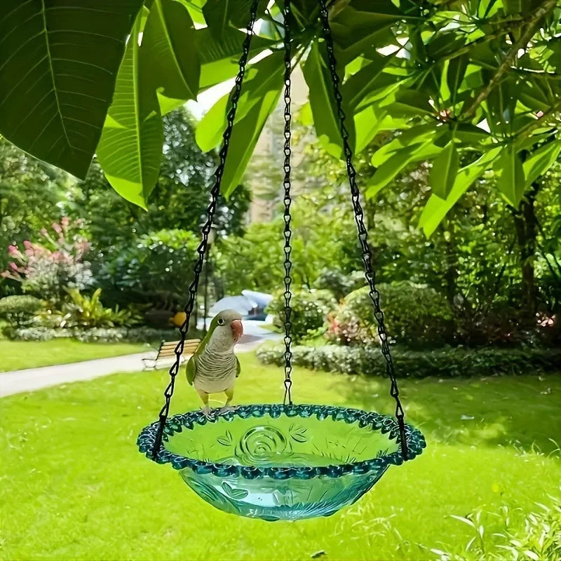 No-EN-Name-Null Outdoor Garden Hanging Black Chains Blue-Green Plastic Floral Design Bowl Bird Feeders/ Or Bird Baths