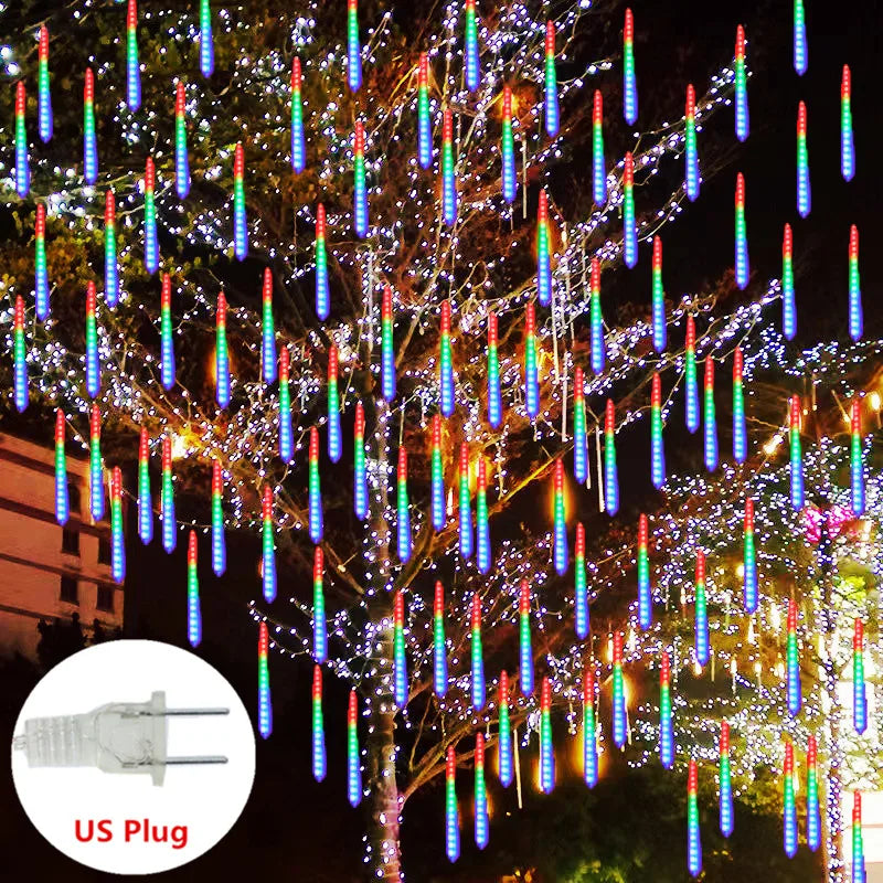 DOMPLA Outdoor Waterproof Multicolor Meteor Shower Effect Long Rain Drop Shaped Warm White LED Garland Light Ropes-Strings/Colors-Multicolor/Blue/White
