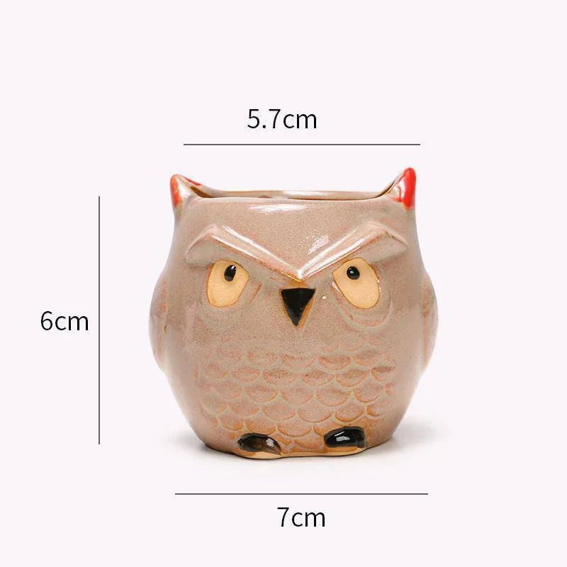 No-EN-Name-Null Nordic Home Garden Glazed Porcelain Ceramic Small Cute Cartoon Owl Shaped Design Round Mouth Animal Flower Pots/Colors-Black/Animals