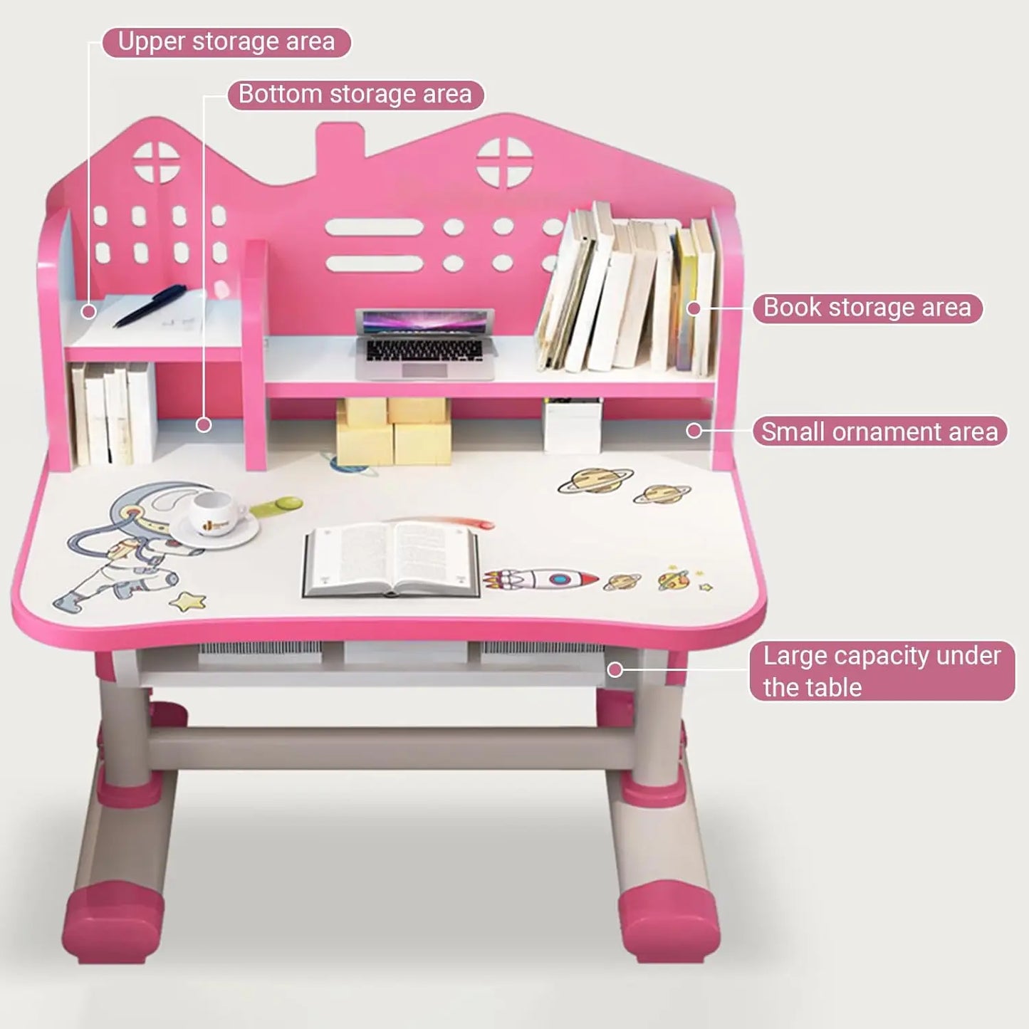 XMSJ Modern Kids Cartoon Theme Pink-White Metal Frame Height Adjustable Thick Desk-Chair Office Furniture Sets/Adjustable Shelves/Drawer/Storage Options/Assembly Required