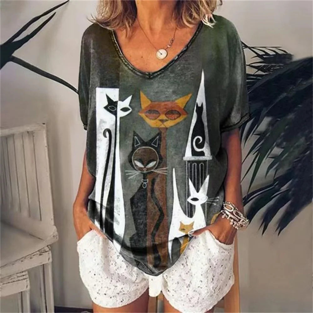 No-EN-Name-Null Women Knit V-Neck Medium Length Cute Cartoon Anime Cat Shaped Stretchable Cotton-Lycra Short Sleeved T-Shirts/Sizes: S-2XL/Colors-Green/Gray/Animal/Checkered/Floral