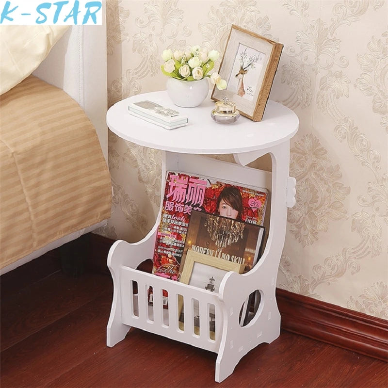 NULL European Mini White Plastic Round Top Solid Wood Base Nightstands