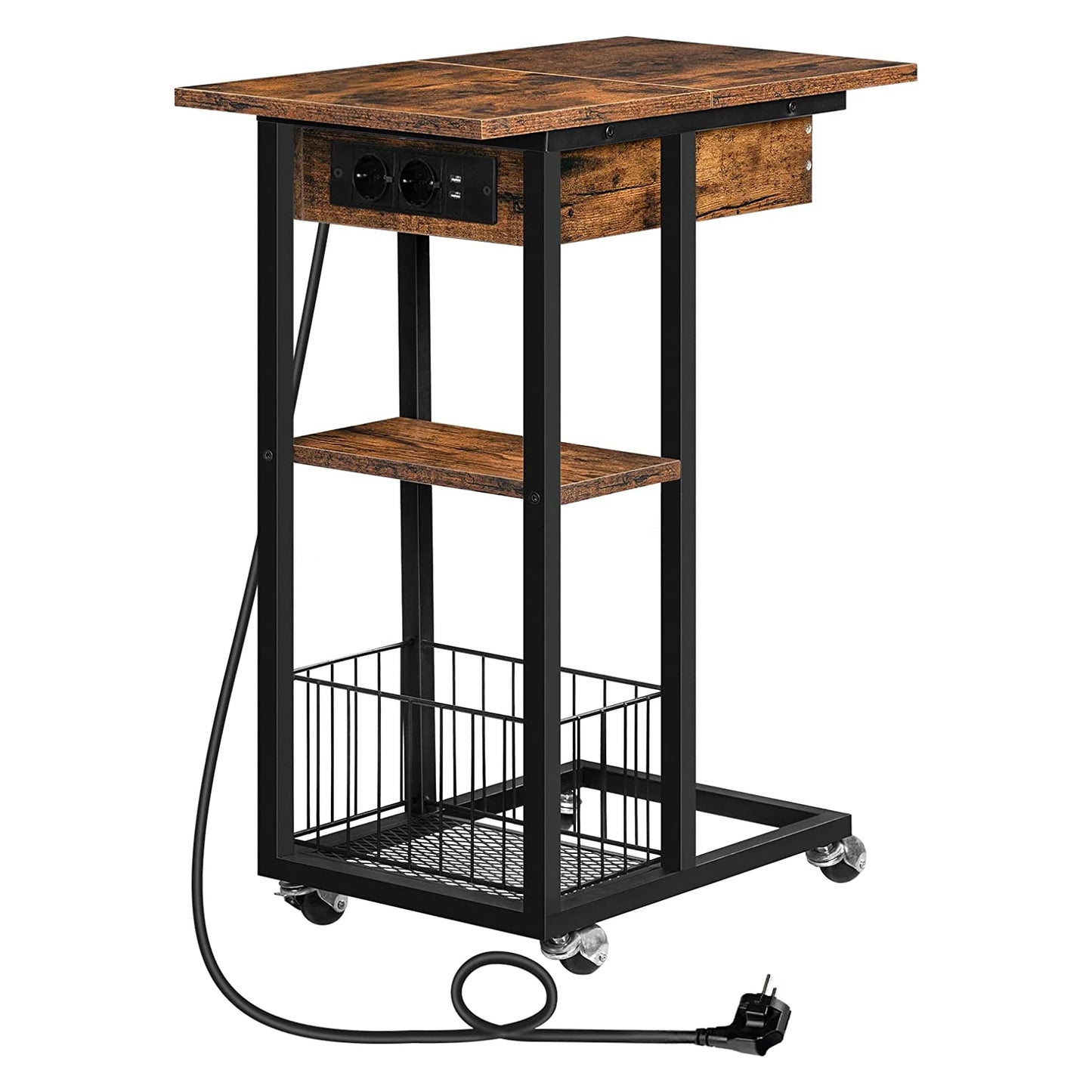 HOOBRO Rectangle Shaped Rustic Brown Wood Clamshell Tabletop Black Metal Flip C Shape Base End Tables/ 2-USB Ports Charging Station/ 4-Wheels-2-Shelves/2-AC Outlets