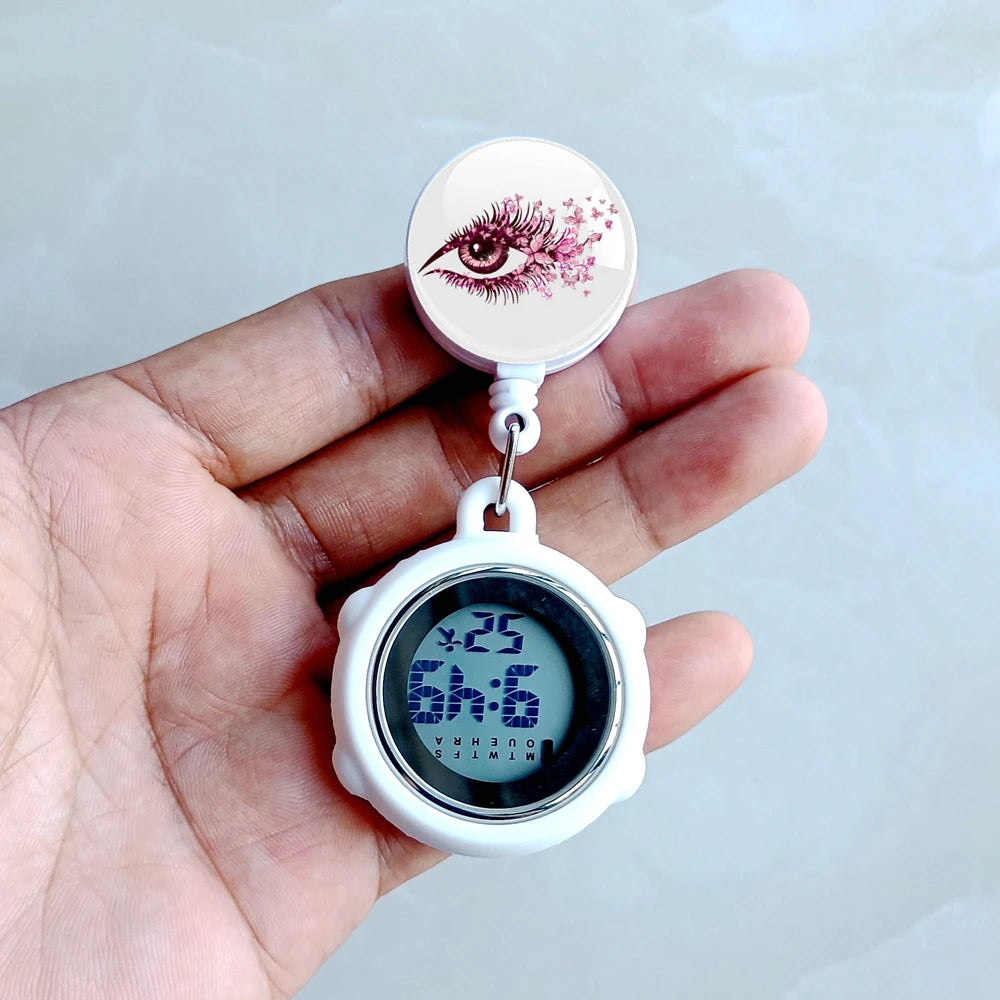 No-EN-Name-Null Waterproof Black Plastic Round Cover Glass Face Digital Display Retractable Printed Floral Anatomical Designs Nurse-Doctor Hanging Metal Alloy Fob Pocket Watches/Colors-Black/White/Pink/Blue