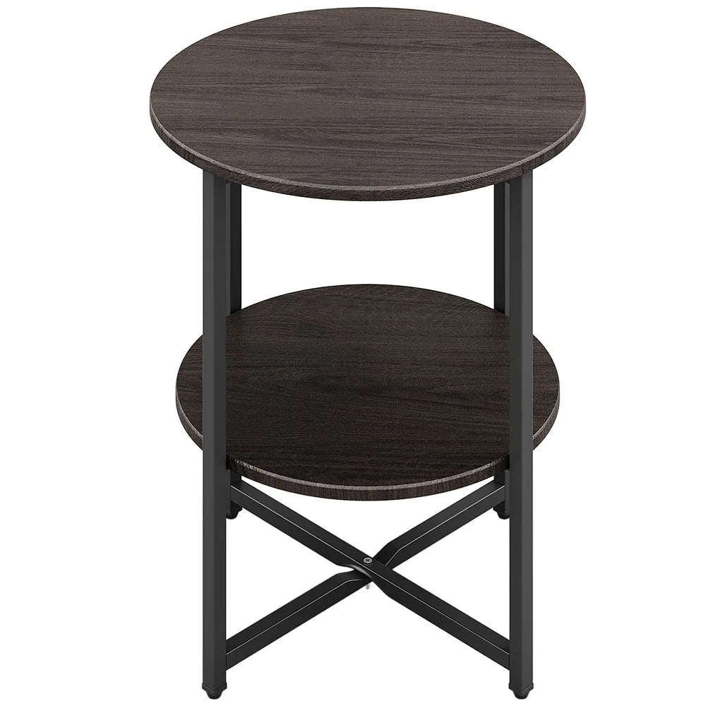 LIVING AND HOME Modern 2 Tier Small Round Shaped Brown Walnut Wood Top Compact Black Iron Metal Frame End Tables /Black Iron Base/ 40cm Table Top