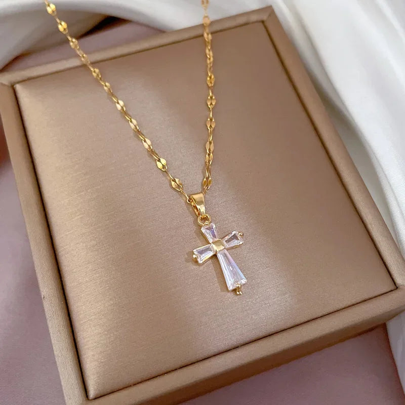 No-EN-Name-Null Women Fine Imitation Stainless Steel Metal Gold-Plated Clear White Shiny Crystal Cubic Zirconia Diamond Accents Stones Hollow Out Cross Pendant Necklaces/Colors-Gold/Silver/Clear/White/Pink/Green