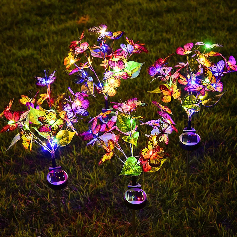 TOLACN Solar-Powered Outdoor Multicolor Warm White Butterflies-Floral Leaf Shaped Patio Garden Landscape Pathway Stake Lights/Colors-Multicolor/Floral
