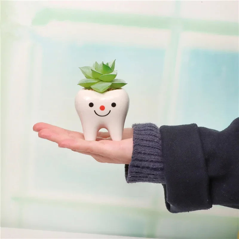 No-EN-Name-Null Home Garden Glazed Porcelain Ceramic Mini Cute White Tooth Shaped Smiling-Frowning Faces Desktop Flowerpots Planters /Colors-White/Black/Pink/Red/Multicolor