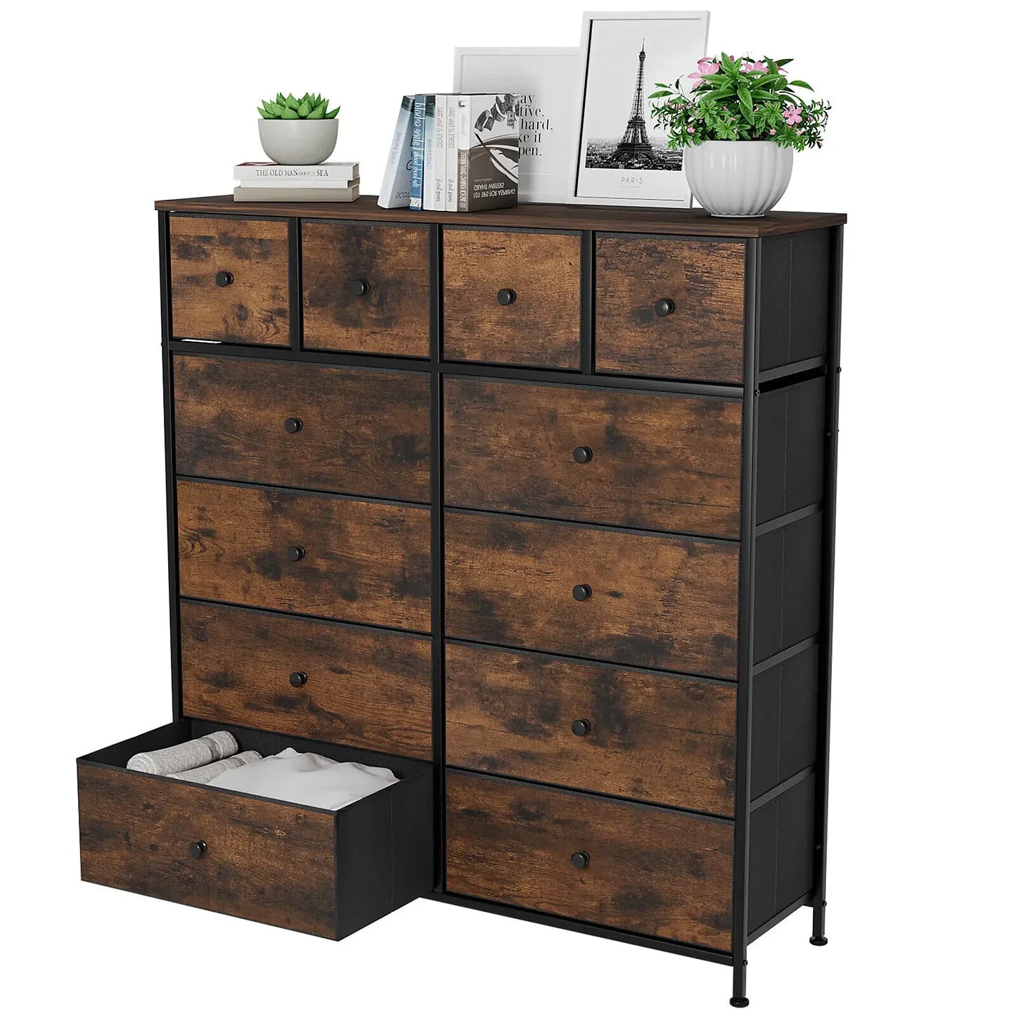 No-EN-Name-Null HOMFA Antique Large Brown Rectangle Shaped Wood Top-12 Drawers Iron Metal Rods Frame Cross-Back Design Free-Standing Tall Fabric Bin Dressers