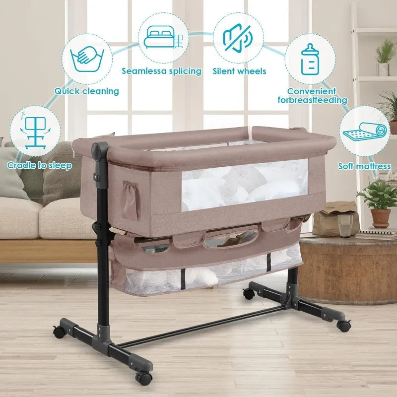 Babies-Toddlers Portable Metal Frame Adjustable Height Button Control Swinging Thick Linen Fabric Meshed Top-Sides Large Bassinet Cradle Beds/Colors-Gray/Beige/Black/White/Brown/Multicolor/Ages: 6 Months-2 Years Old