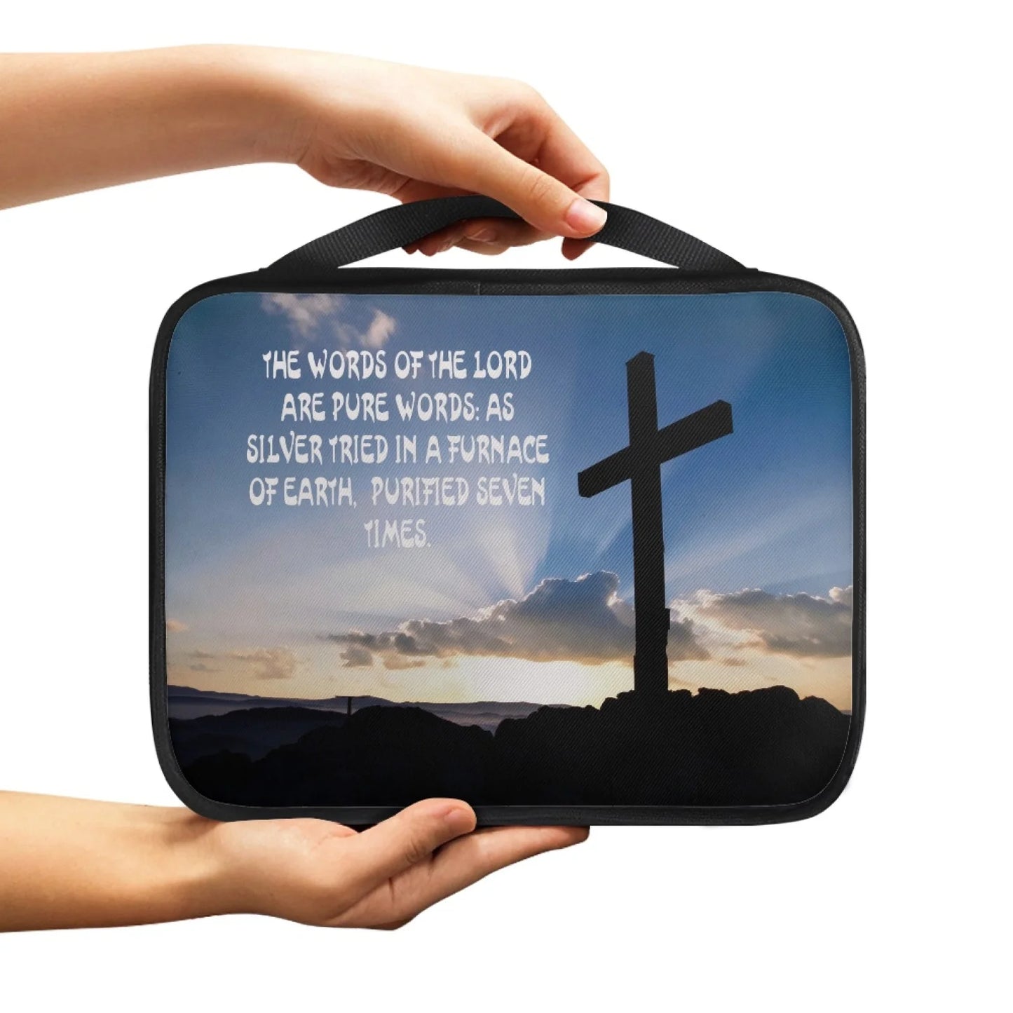 No-EN-Name-Null Religious Items Black Handle-Trim Polyester Fabric Rectangle Decorative Printed Cross-Psalms Bible Verses Theme Zippered Bible Covers/Many Bible Verses Styles/Handle