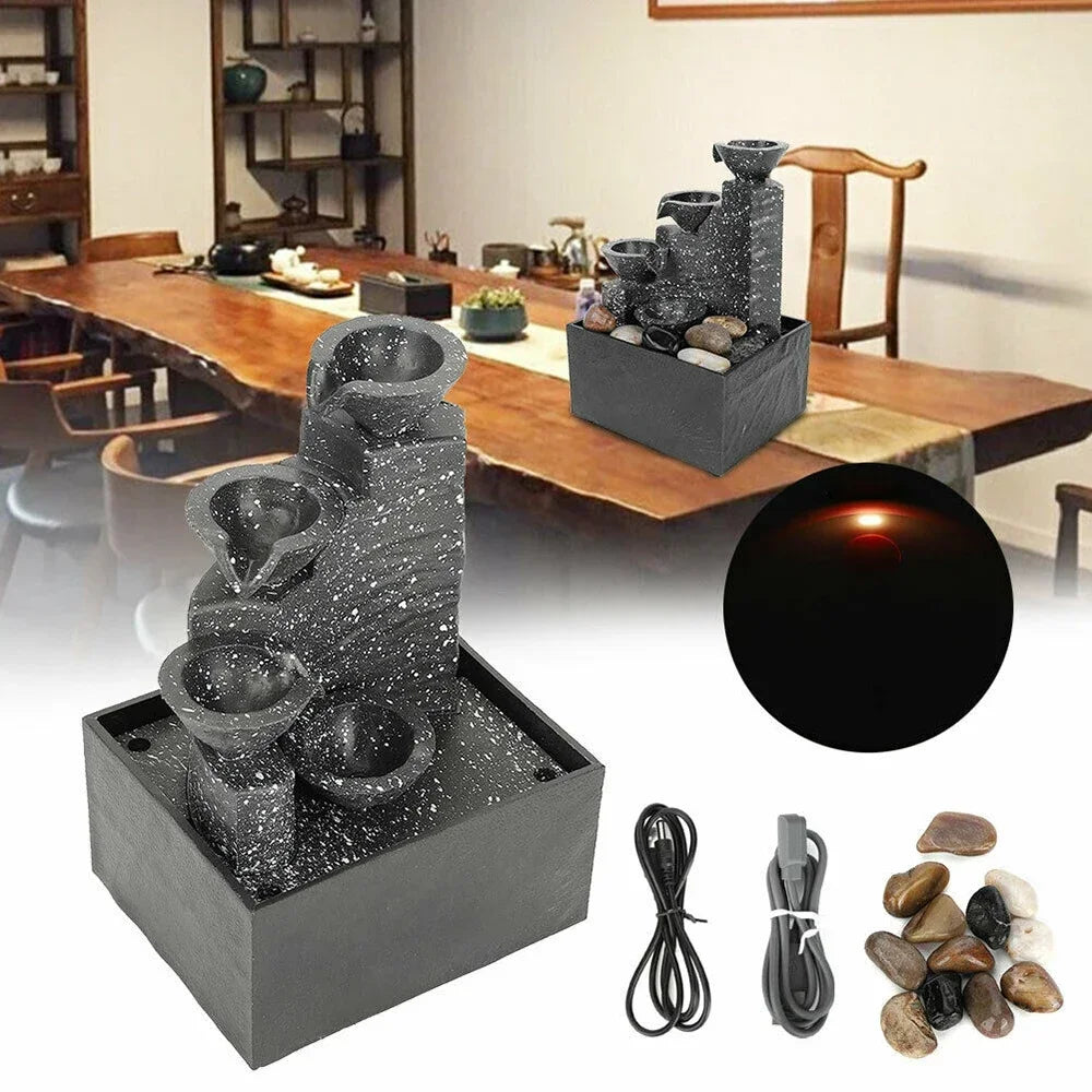 Black Indoor Plastic LED Lights 4-Tiers Stone Bowls Flowing Water Tabletop Fountain/USB Cable-2-AA Batteries Option