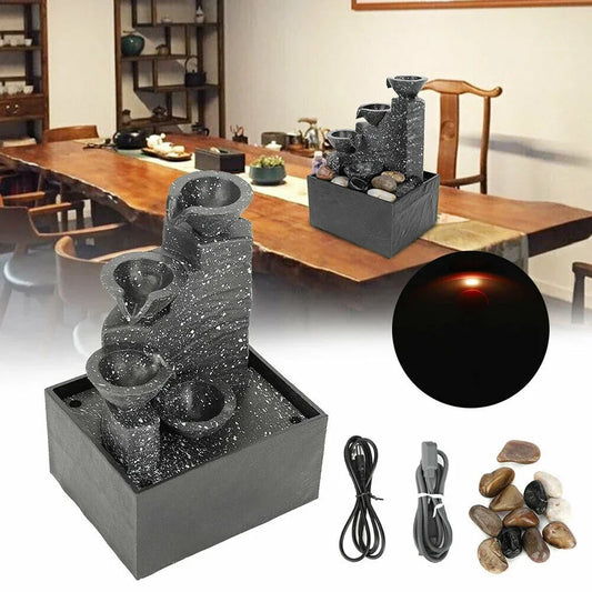 Black Indoor Plastic LED Lights 4-Tiers Stone Bowls Flowing Water Tabletop Fountain/USB Cable-2-AA Batteries Option