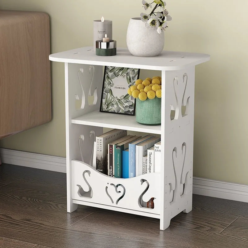No-EN-Name-Null Modern Small White Rectangle Top Handmade Wood Carved LOVE-Tiny Hearts Design Two Shelves Nightstands