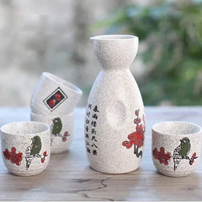 5pcs/set Ceramic Sake Pot Cups Set Flagon Liquor Cup Spirits Cups Set Japanese Bar Wine Set Flower Text Pattern Creative Gifts