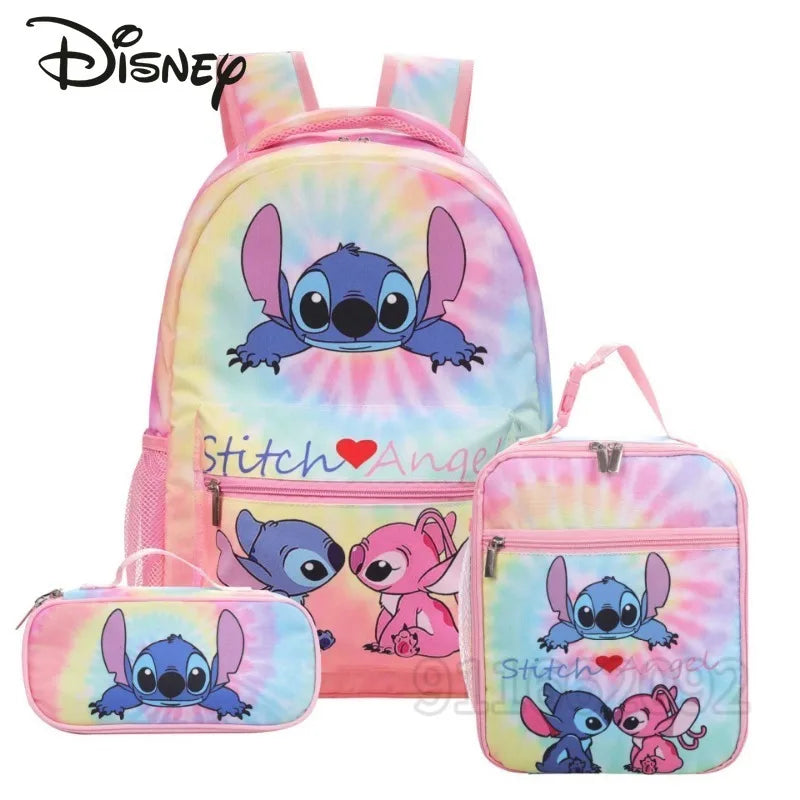 Disney Kids Large 3 PCS Cute Cartoon Stitch Movies-TV Theme Design Pink Polyester Fabric  Shoulder Straps-Handle Zipper Pockets School Backpacks Sets/Pencil Case/Small Accessory Bag/Colors-Multicolor/Pink/Blue