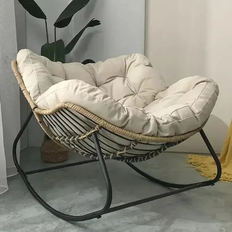 No-EN-Name-Null  Modern Indoor One Person Soft Upholstered Padded Bird Nest Thick Linen Multicolor Cushions Rattan Seat Bottom Black Metal Frame Reclining Rocking Chairs/Colors- Gray/Beige/Black/Brown/Multicolor