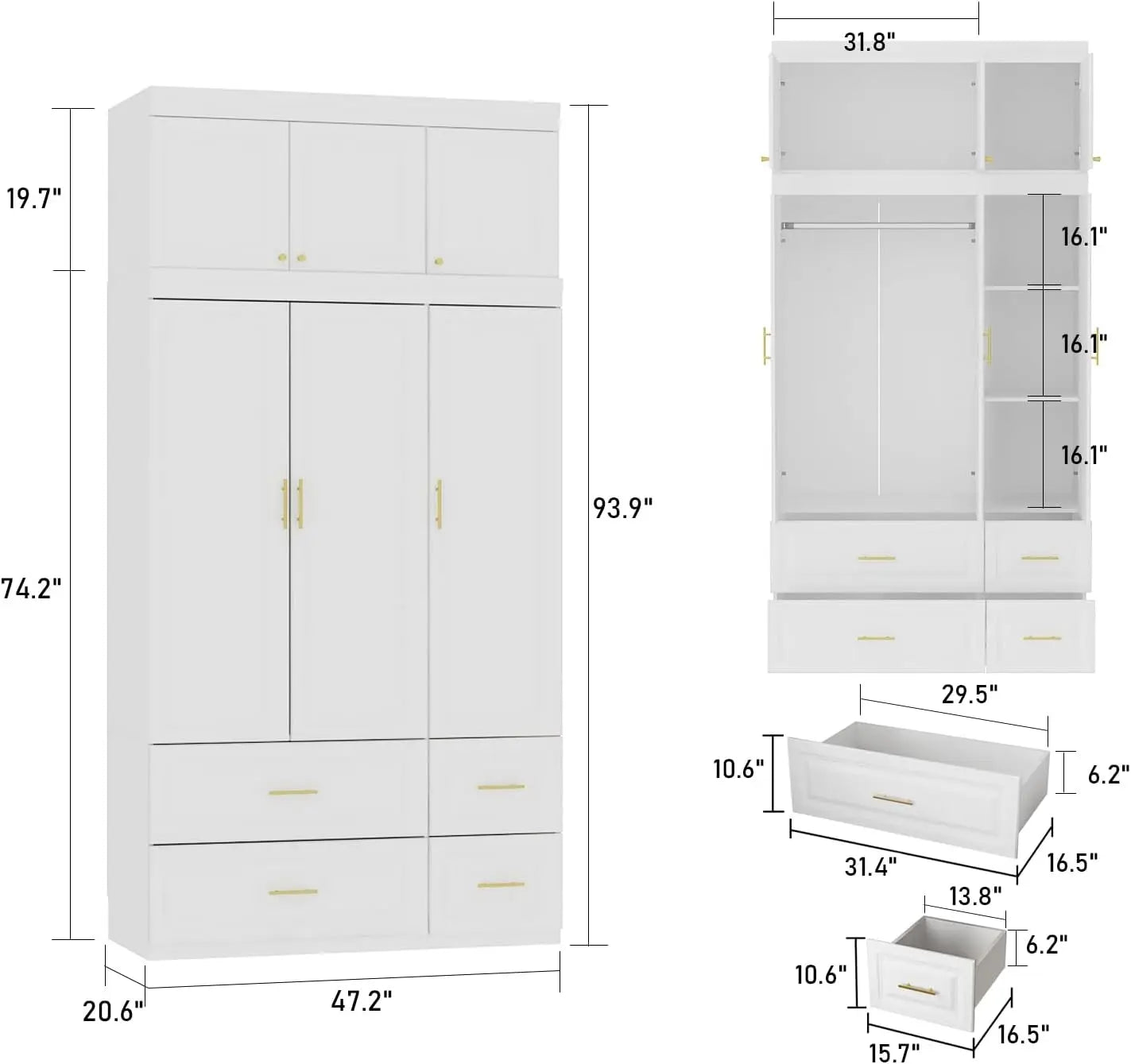 XMSJ Modern White MDF Wood Three-Doors Top Cube Storage One Hanging Rod Gold Metal Handles Four Drawers Bedroom Armoire Triple Wardrobes/Shelves/Dimensions: 47.2"W x 20.6"D x 93.9"H