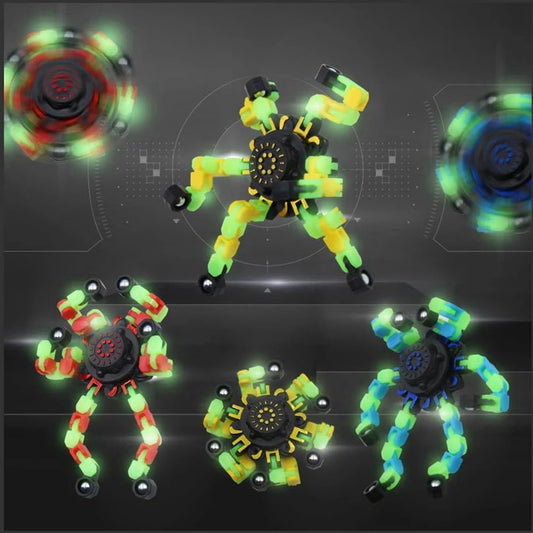 4 PCS Set ABS Plastic Fidget Spinning Top Glow-In-The-Dark Fingertip Funny Multicolor Deformable Robot Toys/ Ages: 13-18 + Years Old Adults/ Colors-Green/Black/Yellow/Multicolor/Striped/Geometric