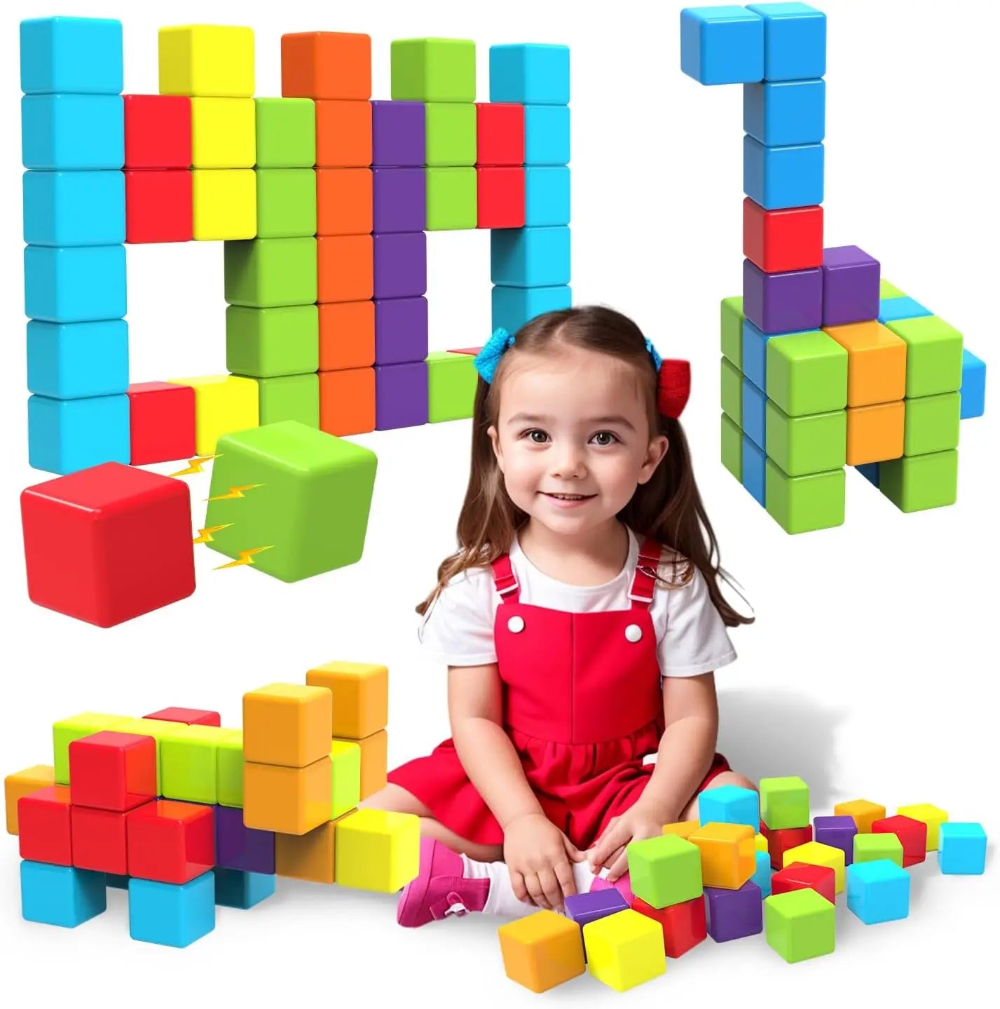 No-EN-Name-Null Kids Non-Toxic Multicolor Plastic Square Shaped Strong Magnetic Micro Building Smooth Edges Blocks Construction Set Toys/ Colors-Red/Multicolor/Ages: 3-18 Years Old-Adults