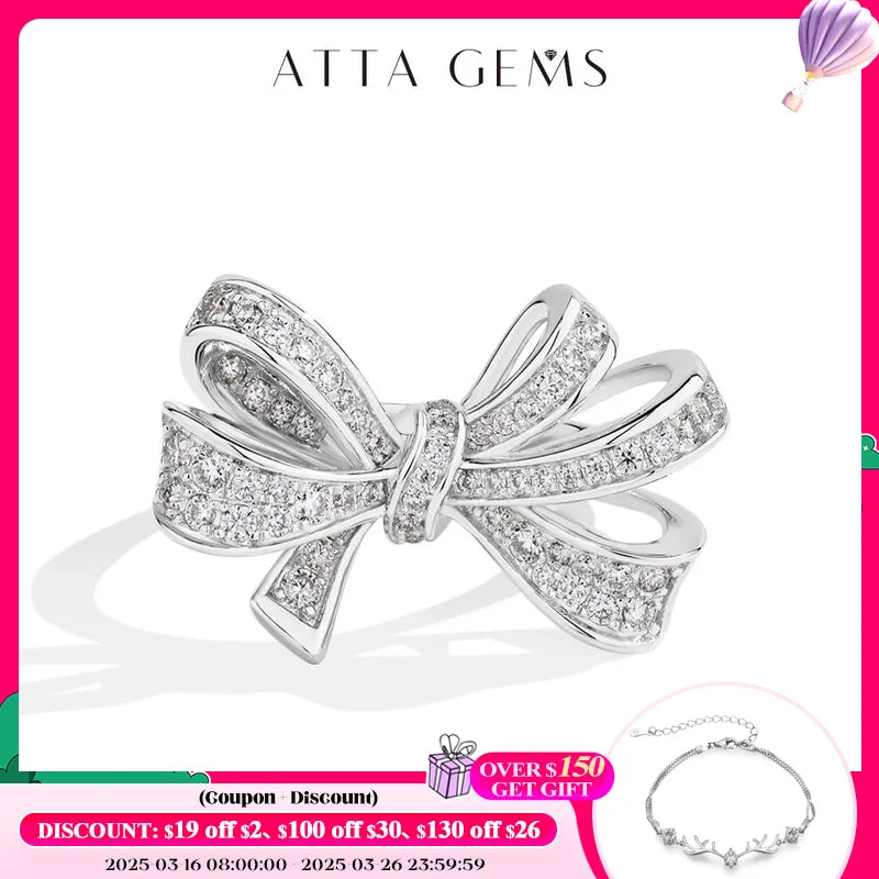ATTAGEMS Sterling Silver 18K Gold-Plated Bow-Knot Shaped Gold-Silver Full Moissanite Shiny Clear White Imitation Diamond Stones Prong Wedding Solitaire Bands Rings/Colors-Silver/Gold/White