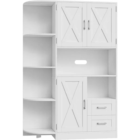 Solid Wood Farmhouse Kitchen Storage Cabinet/4 Tier Adjustable Shelves w/ 3 Doors /Dining Sideboard /2 Easy-Glide Drawers/Colors/White/Gray/Brown/ Holds Up To 350 lbs.