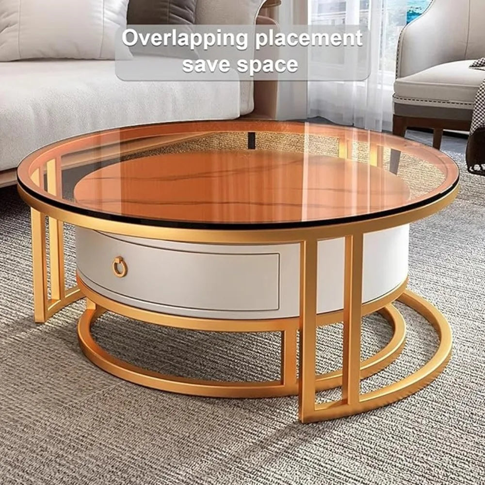 RUO WU Modern Two-In-One Brown Glass Top Metal Frame Base Nesting Coffee Tables/1 Drawer/ Size: 74"D x 74"W x 31"H/Colors-Clear/White/ Silver/ Multicolor