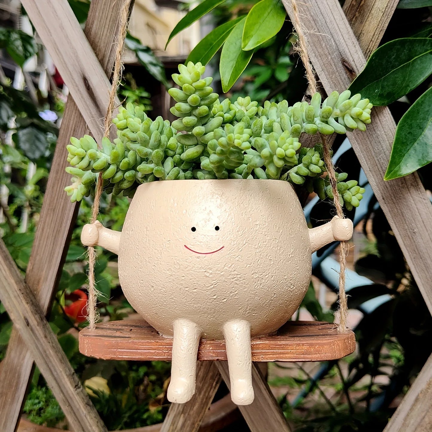 No-EN-Name-Null Round Beige Resin Smiling Face Succulent Suspended Striped Wood Swing Hanging Planters