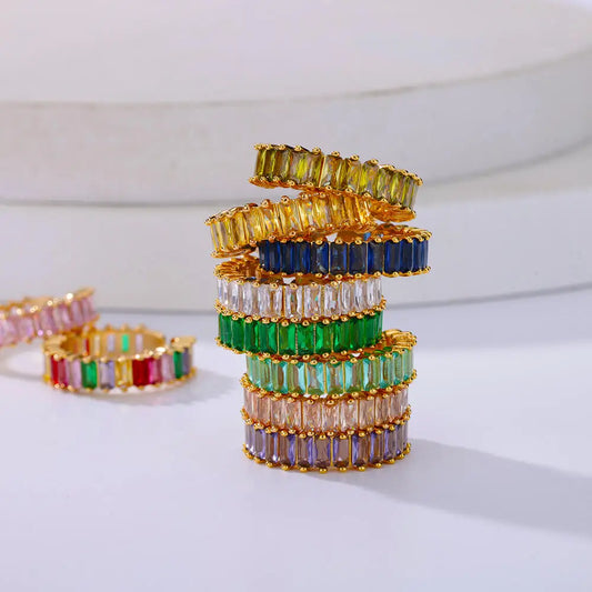 Colorful Square Zircon Anti-Acid-Alkali Stainless Steel Imitation Gold Mood Tracker Crystal Open Finger Rings/Colors-Geometric/Multicolor/Gold/Green/Red