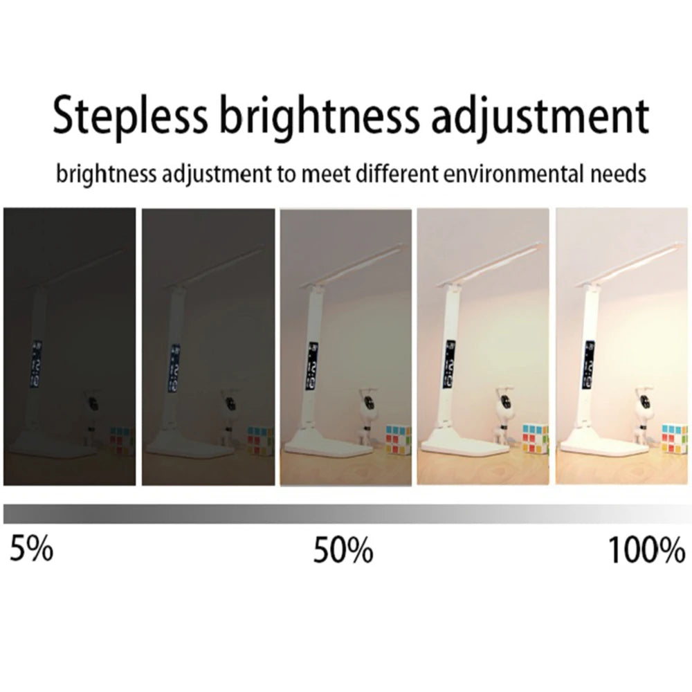 No-EN-Name-Null Smart LCD Display-Temperature-Time-Date Touch Switch Stepless Dimmable Warm-Cool White LED Lights White Plastic Rectangle Shaped Flat Head Long Stem Body-Base Desk Lamps