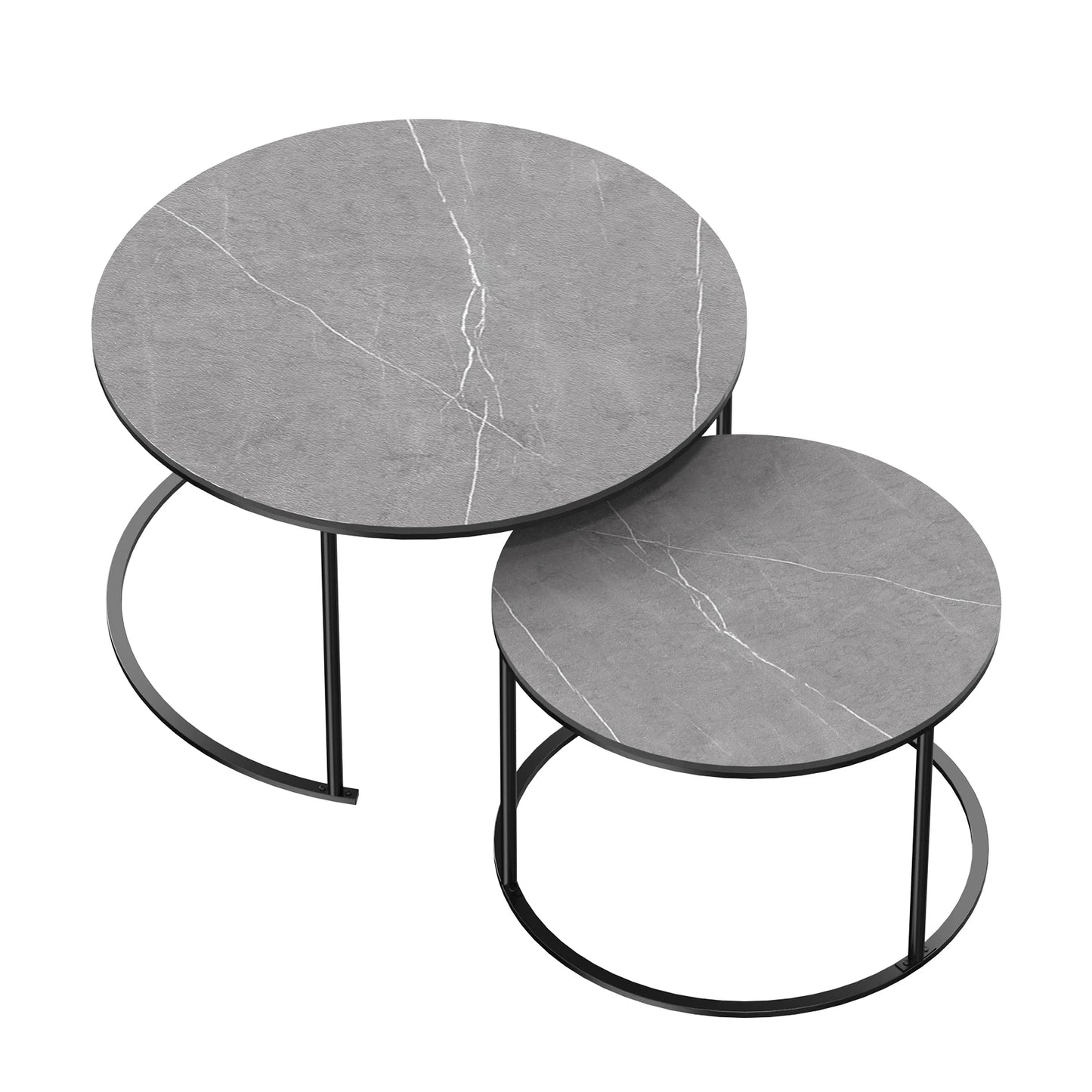 No-EN-Name-Null Modern Round Dark Gray Marble Top Black Iron Metal Base Two Nesting Coffee Tables/Small Table Size: Width 60 cm/23.6 Inches x  Height 40 cm /15.7 Inches/Large Table Size: Width 80 cm /31.5 inches x Height 45 cm /17. 7 inches