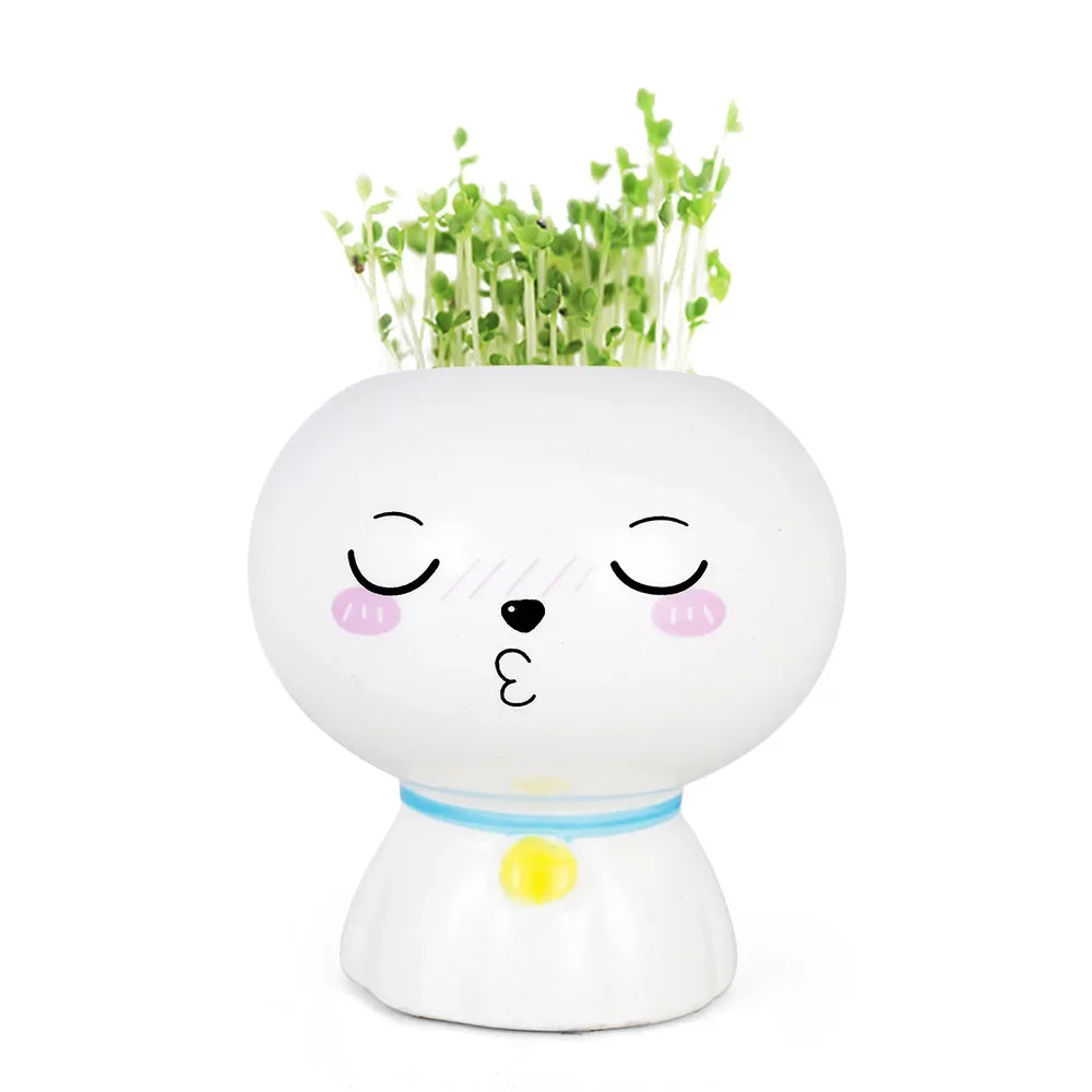 No-EN-Name-Null Indoor Mini Unglazed Ceramic White Cute Cartoon Doll Face Design Desktop Succulent Flower Pots Planters /Colors-White/Black/Yellow/Pink/Green