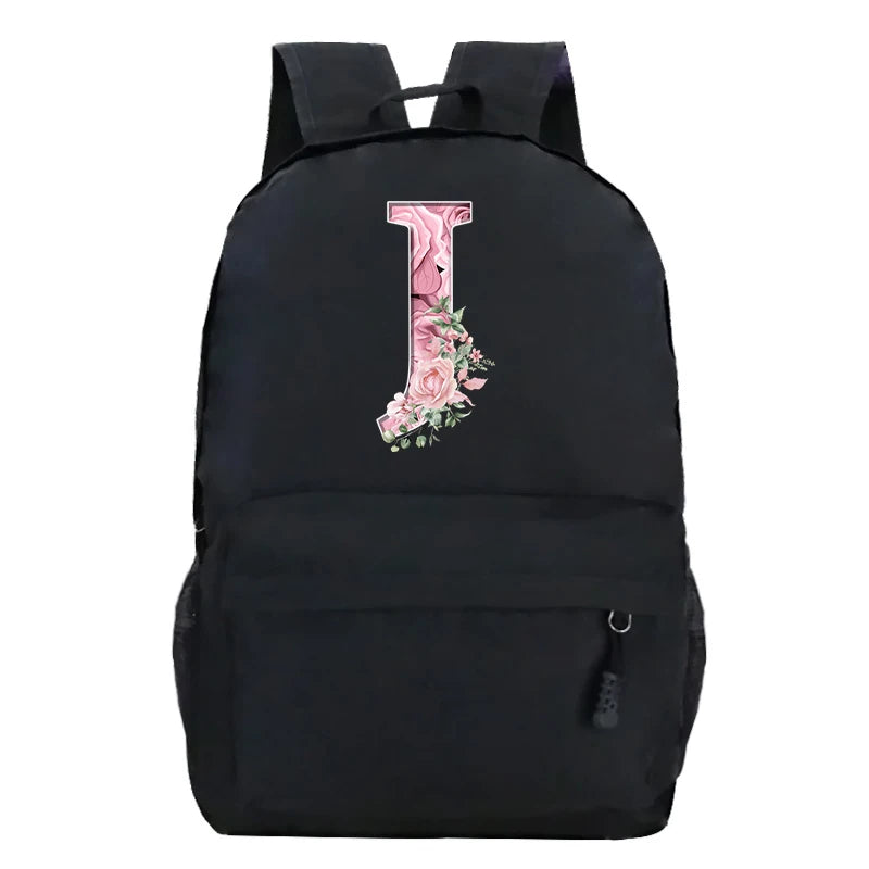 No-EN-Name-Null Waterproof Large Black Softback Nylon Fabric Printed Floral Pink Rose First Name Initial Letter Curved Back Zipper Canvas Lining Built-In Laptop Compartment Shoulder Straps-Handle Zippered External Pockets School Backpacks