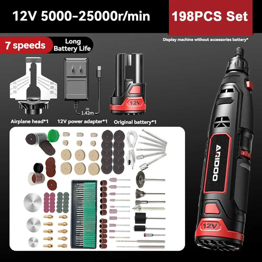 NULL Mini 12V Cordless Anti-Shaking Red-Black Plastic Body Adjustable 7 Speeds Keyless Chuck Rechargeable Battery-Powered Angle Steel Grit Grinding Head Chainsaw Sharpener Rotary Handheld Power Drills