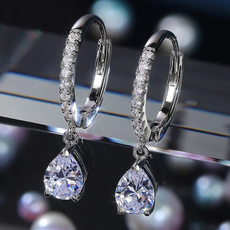 MODYLE Adult Women Imitation Cubic Zirconia Clear Diamond Stones Fine Jewelry Geometric Round Shaped Sterling Silver-Plated  Metal Dangle Water Drop Hoop Earrings