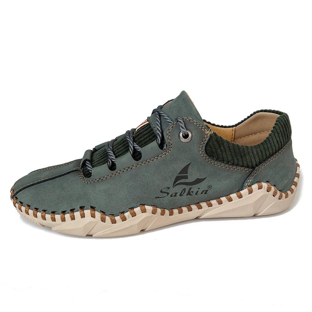 ABFUBER Men Spring-Autumn Brown Handmade Round Toe Lace-Up Breathable Split Leather Moccasins Massage Rubber Outsole Cushioned Flat Loafers /Colors-Brown/Green/Black
