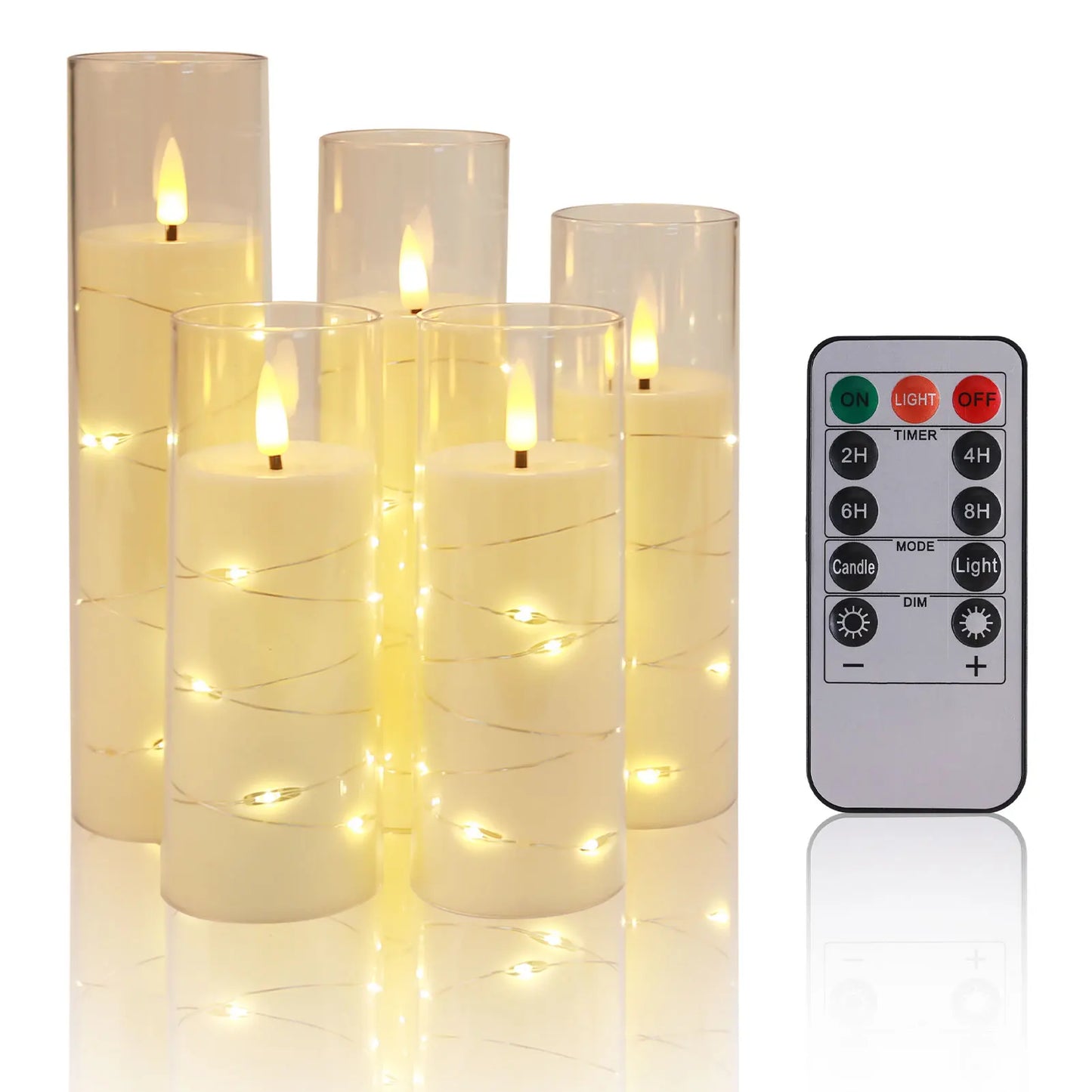 5 PCS Set LED Embedded Star String Detailing Round Pillar Flickering Flameless Candles /Timer Remote/Changeable Wick/Colors-White/Brown/Gray/Orange