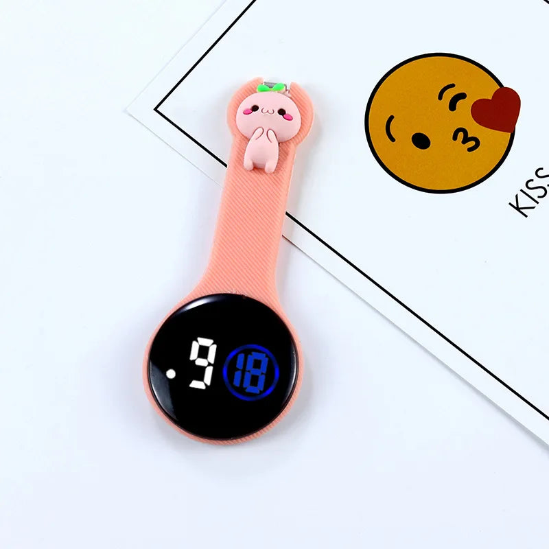 MINISO Adult Women Digital Display Plastic Round Case Cute Cartoon Anime Characters Nurse-Doctor Silicone Covered LED Light Fob On Back Metal Hook Pocket Watches/Colors-Pink/Light Pink/Yellow/White/Black/Purple/Green