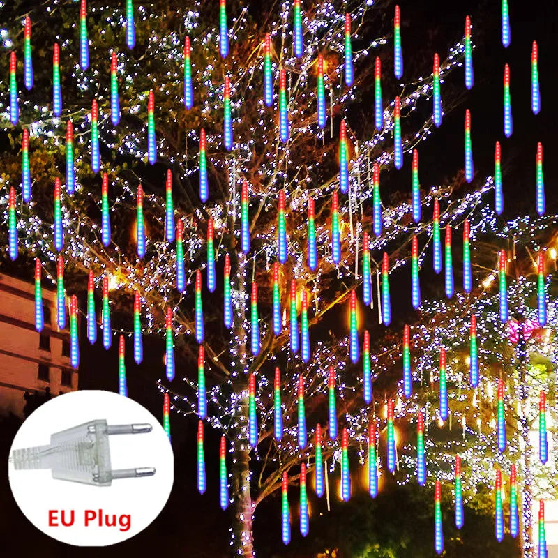DOMPLA Outdoor Waterproof Multicolor Meteor Shower Effect Long Rain Drop Shaped Warm White LED Garland Light Ropes-Strings/Colors-Multicolor/Blue/White
