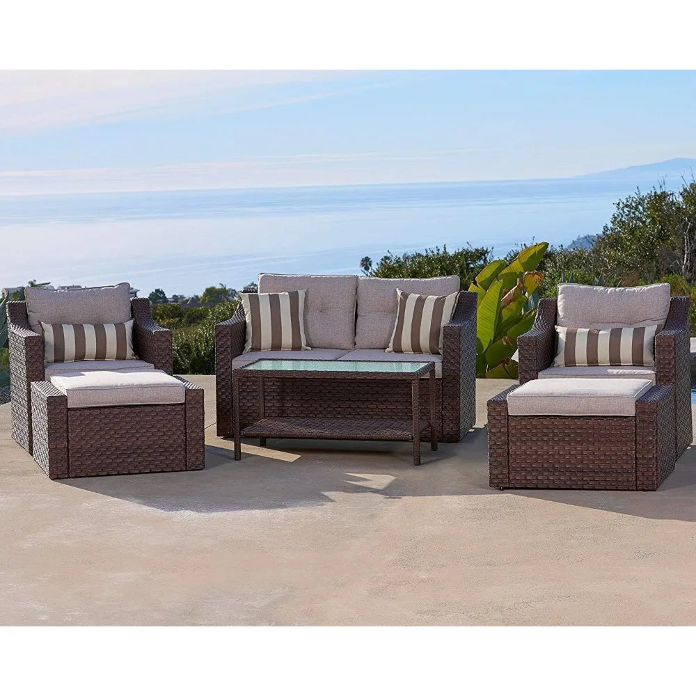 No-EN-Name-Null Outdoor Modern Manhattan Series 7-PCS All-Weather Brown Rattan Wicker Iron Metal Frame Patio Furniture Sets/2 Chairs /2 Ottoman/Loveseat /Glass Top End-Coffee Tables/ Striped Pillows/Colors-Beige/Brown/Striped/Multicolor