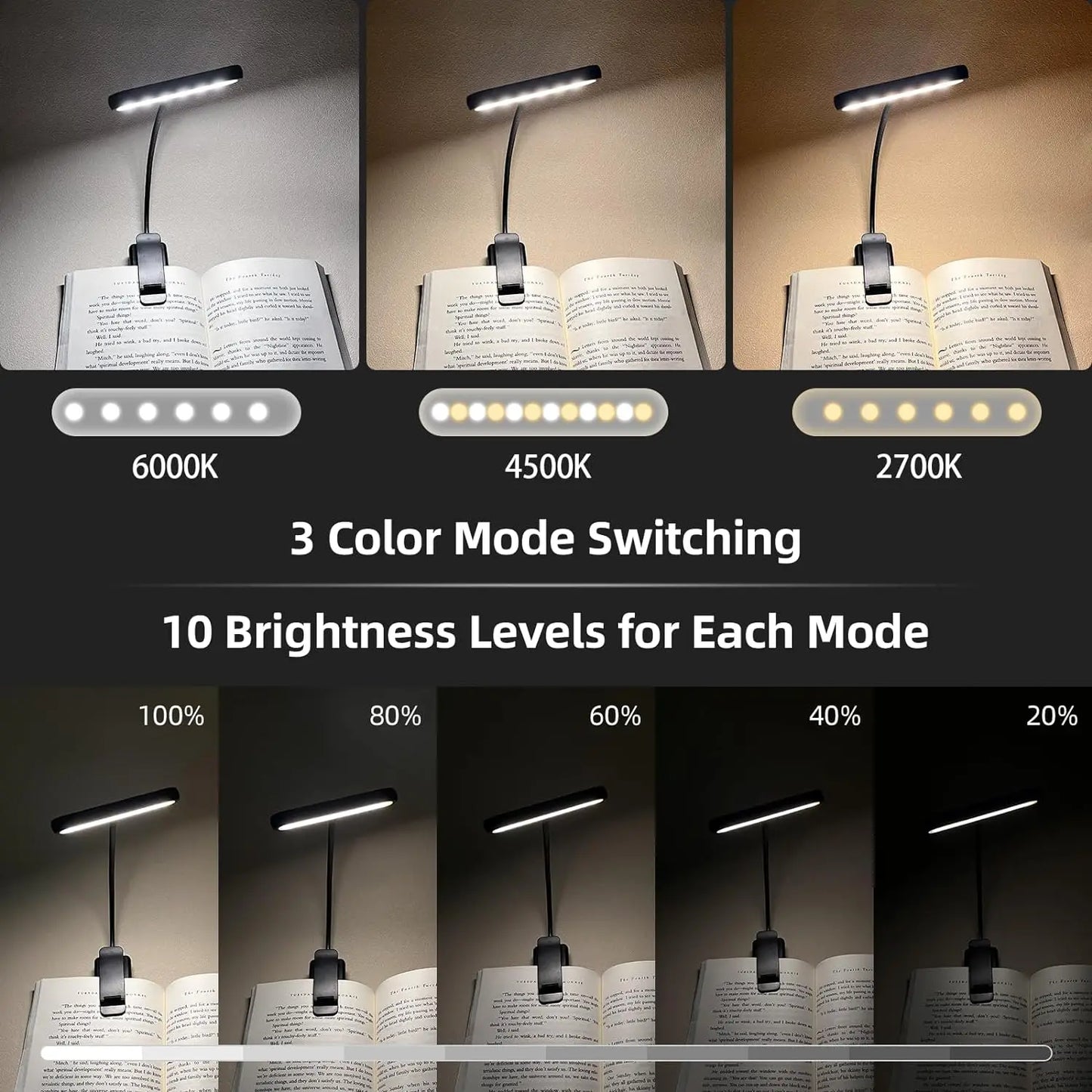 No-EN-Name-Null Modern Black Plastic Long Rectangle Head Adjustable Flexible Gooseneck Three Color Modes Warm-Cool-Daylight LED Light USB Rechargeable Cable Portable Battery Powered Easy Clamp-On Book Reading Lamps