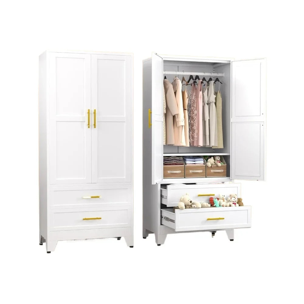 No-EN-Name-Null Modern Rectangle Large White-Black-Gray Two Door Storage Closet Adjustable Shelves One Hanging Steel Metal Rail Rod Two Sliding Drawers Armoire Wardrobes/ Size: 17.72"D x 31.5"W x 70.87"H